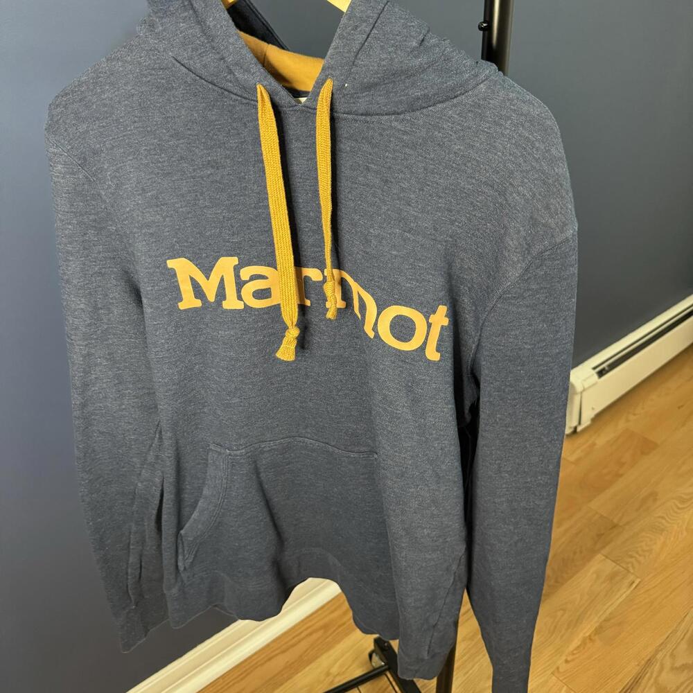 Marmot Logo Hoodie, Blue with Yellow Detail, Mens Small